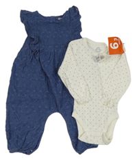 Nové - 2 set - bílé puntíkaté body + tmavomodrá manšestrový podšitý kalhotový overal Nextx