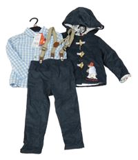 Nové - 3 set - bílo-modrá kostkovaná košile s Paddingtonem + tmavomodré žebrované sametové kalhoty s kšandami + propínací zateplená bundomikina s kapucí 