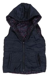 Tmavomodrá šusťáková zateplená oboustranná vesta s kapucí Topolino