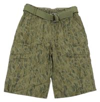 Khaki pruhované plátěné kraťasy s páskem 
