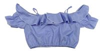 Modro-biely pruhovaný crop top s volánikom Shein