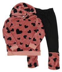 2set - Růžová plyšová mikina se srdíčky a kapucí + černé legíny s plyšovým prvkem a srdíčky Shein