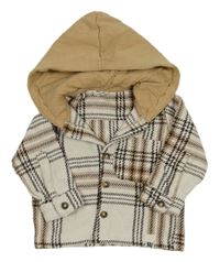 Smetanovo-béžovo-hnedá kockovaná košeľová bunda s teplákovou kapucňou River Island