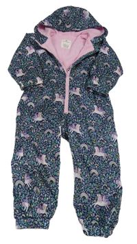Tmavomodro-růžovo-barevná květovaná šusťáková lehce zateplená kombinéza s jednorožci a kapucí Matalan