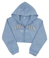 Svetlomodrá prepínaci crop mikina s nápisom a kapucňou Shein