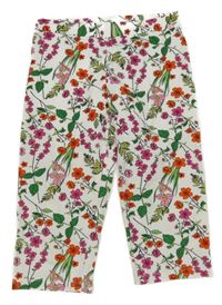 Bielo-ružovo-oranžovo-zelené kvetované crop legíny