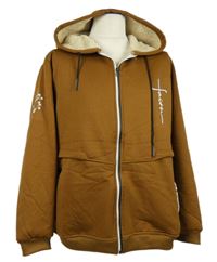 Pánská hnědá propínací zateplená mikina s nápisy a kapucí 