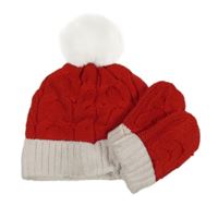 2set- červeno-bílá čepice s bambulí+ rukavice F&F