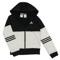 Černo-bílá sportovní propínací mikina s logem a kapucí Adidas