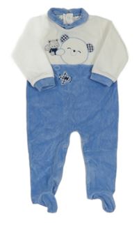 Bielo-svetlomodrý zamatový overal s medvedíkom a golierikom