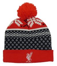 Červeno-tmavomodro-bílá vzorovaná fotbalová čepice s bambulí 