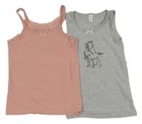 2x košilka - ružová s krajkou + sivá s koněm 128/140