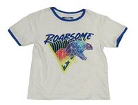 Bielo-tmavomodré crop tričko s dinosaurom Primark