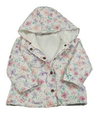 Bílá šusťáková prošívaná zateplená parka s kytičkami a kapucí 