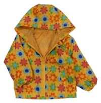 Oranžová šušťáková jarná bunda s kvetmi a kapucňou