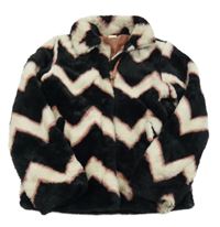 Čierno-bielo-ružová vzorovaná podšitá kožušinová bunda Hema