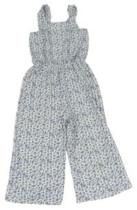 Bielo-modrý kvietkovany vzorovaný nohavicový culottes overal PRIMARK