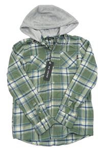 Khaki-bílo-modrá kostkovaná košile s kapucí NO ISSUE
