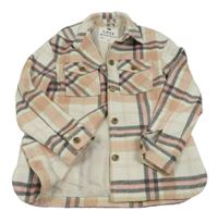 Smetanovo-ružovo-čierno-béžová kockovaná vlnená podšitá košeľová bunda F&F