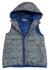 Sivá melírovaná prešívaná šušťáková zateplená vesta s dinosaurami a kapucňou impidimpi