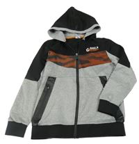 Šedo-army-černá melírovaná tech fleece propínací mikina s nápisy a kapucí Chapter young