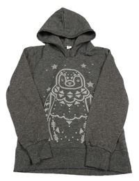 Tmavošedo-měděná melírovaná mikina s tučňáčkem a kapucňou YIGGA