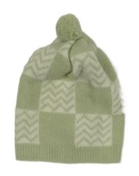 Olivovo-bílá kostkovaná vzorovaná čepice s bambulkou