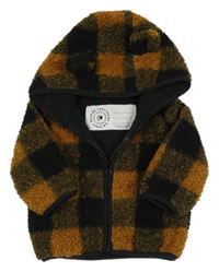 Hnedo-kaki-čierna kockovaná huňatá zateplená bunda s kapucňou s uškami George