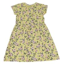 Svetložlté šaty s kvetmi a větvičkami a motýlikmi a volánikmi Y.F.K.