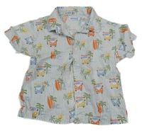 Světlemodro-biela pruhovaná košeľa s autobusmi a palmami a sufrmi mayoral