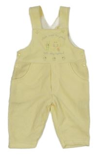 Žlto-biele pruhované rebrované plyšové na traké nohavice s kravičkou a kuřátky