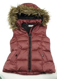 Vínová šusťáková zateplená vesta s kapucí s kožešinou H&M