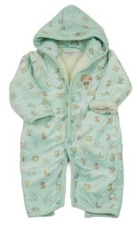 Mátová plyšová zateplená kombinéza s písmeny a kapucňou