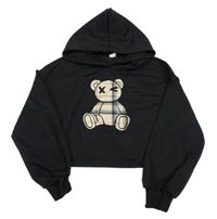 Čierna crop mikina s kockovaným medvěďom a kapucňou Shein