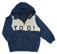 Tmavomodro-biela šušťáková jarná bunda s nápisom a kapucňou Pocopiano