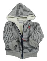 Šedo-modrá pruhovaná zateplená propínací mikina s kapucí 