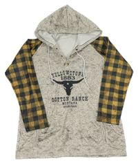 Béžová melírovaná mikina s býkem a kostkovanými rukávy a kapucí