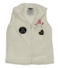 Nové - biela kožušinová vesta s jednorožcom