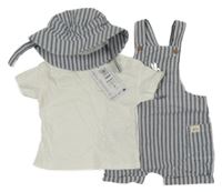 Nové - 3 set - bílé tričko + modro-bílé pruhované laclové kraťasy s králíkem + klobouk M&S
