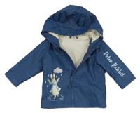 Tmavomodrá voděodolná jarní bunda s králíčkem a kapucí 