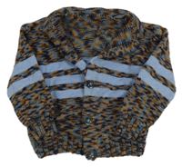 Modro-hnedo-béžový melírovaný prepínaci sveter s pruhmi