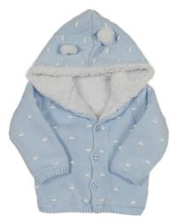 Světlemodrý propínací zateplený svetr s 3D puntíky a kapucí