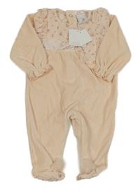 Nové - Ružový zamatový overal s kvetmi a golierikom