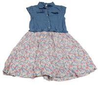 Modro-bielo-farebné ľahké rifľové šaty s květovanou sukní Topolino