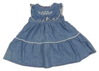 Světlemodro-biele rifľové šaty s volánikmi a kvetmi H&M