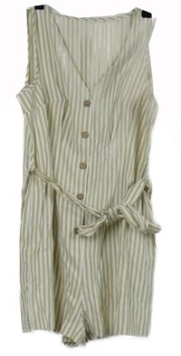 Dámsky béžovo-biely pruhovaný kraťasový overal s opaskom