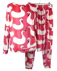 Dámske tmavorůžovo-biele plyšové pyžama s labuťami  TU