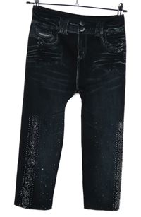 Dámské černé bezešvé capri legíny riflového vzhledu s kamienkami