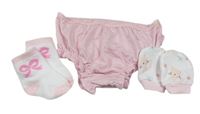 3set- růžové kalhotky, bílé rukavice s kočičkami, bielo-ružové ponožky