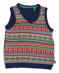 Tmavomodro-farebná vzorovaná svetrová vesta